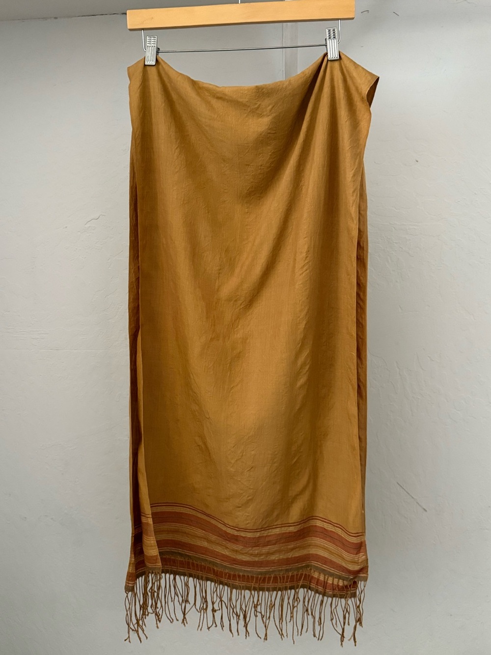 Muted Gold Long Silk Scarf or Wrap with Stripes and Fringe at Ends